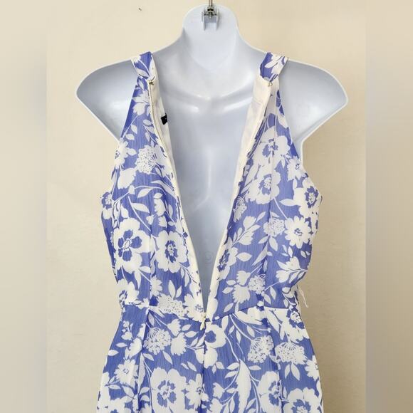 TOMMY HILFIGER Blue White Floral Print Halter Neck Sleeveless Fit & Flare Dress - Picture 5 of 9